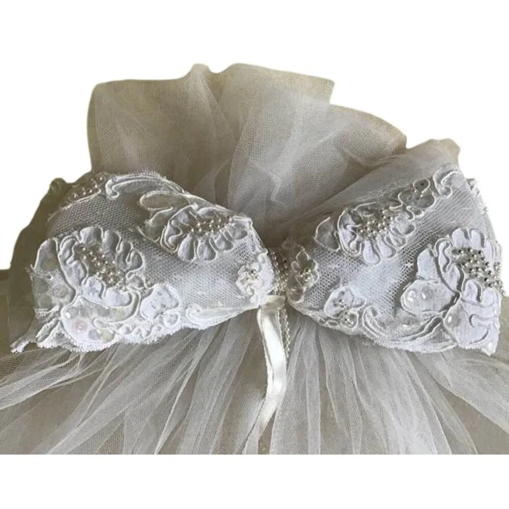 Halloween Costume Wedding Veil Ivory Bow Tulle Beads Half Length Bride Dress Up
